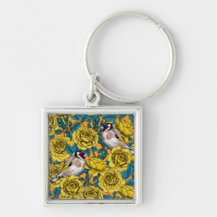 Rose flowers and goldfinch birds key ring