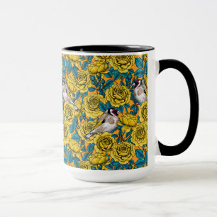 Rose flowers and goldfinch birds mug