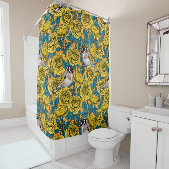 Rose flowers and goldfinch birds shower curtain (In Situ)