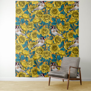 Rose flowers and goldfinch birds tapestry