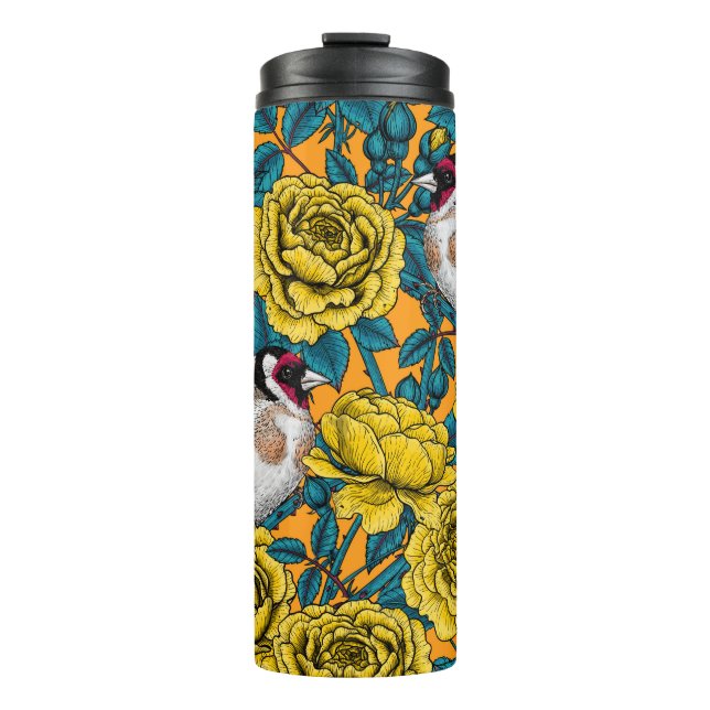 Rose flowers and goldfinch birds thermal tumbler (Front)