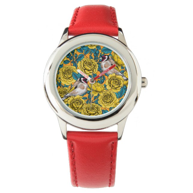 Rose flowers and goldfinch birds watch (Front)