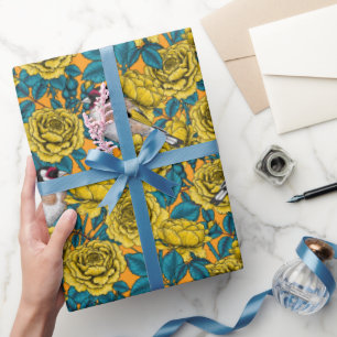 Rose flowers and goldfinch birds wrapping paper