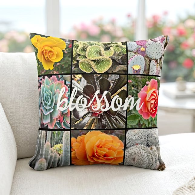 Rose Flowers Cacti Photo Collage Blossom Script Cushion (Creator Uploaded)