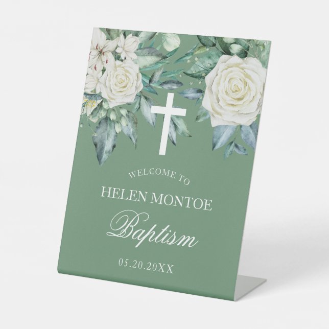  Rose Flowers Eucalyptus Baptism Green Pedestal Sign (Front)