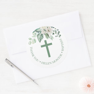 Rose Flowers Eucalyptus Baptism Thank You Classic Round Sticker