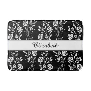Rose Flowers Floral Pattern Black & White Name Bath Mat
