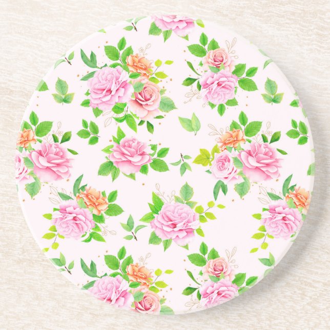 Rose Flowers Green Leaves Pattern-23656  Coaster (Front)