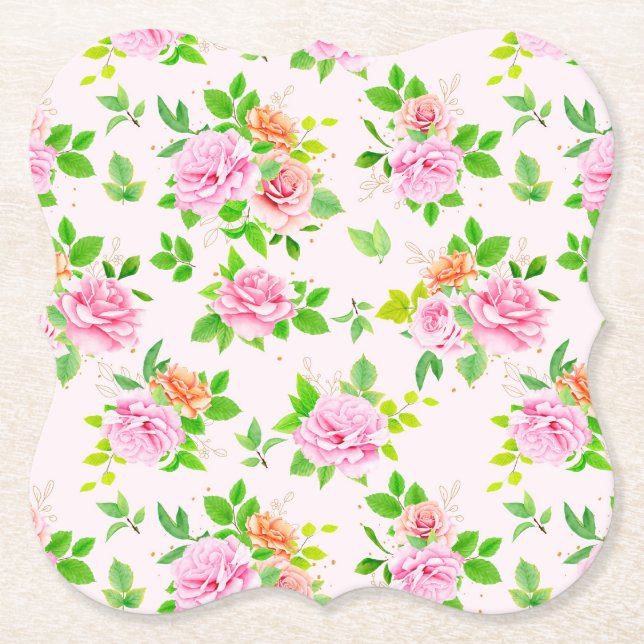 Rose Flowers Green Leaves Pattern-23656  Paper Coaster (Front)