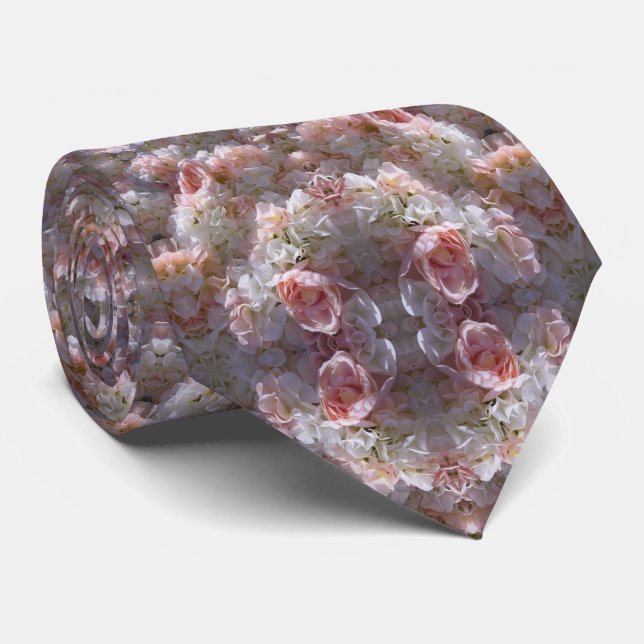 Rose Flowers Pink and White Pattern Neck Tie (Rolled)