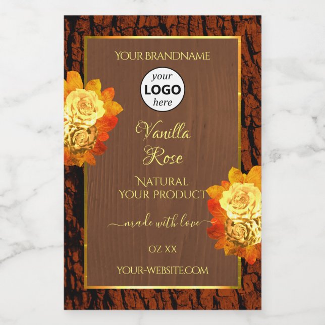 Rose Flowers Product Label Natural Wood Grain Logo (Single Label)