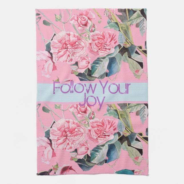 Rose Flral Pattern Watercolour Follow Your Joy Tea Towel (Vertical)