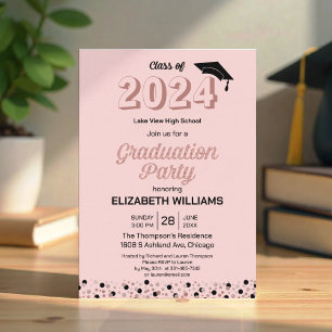 Rose Foil Script Confetti Graduation Party Pink Invitation