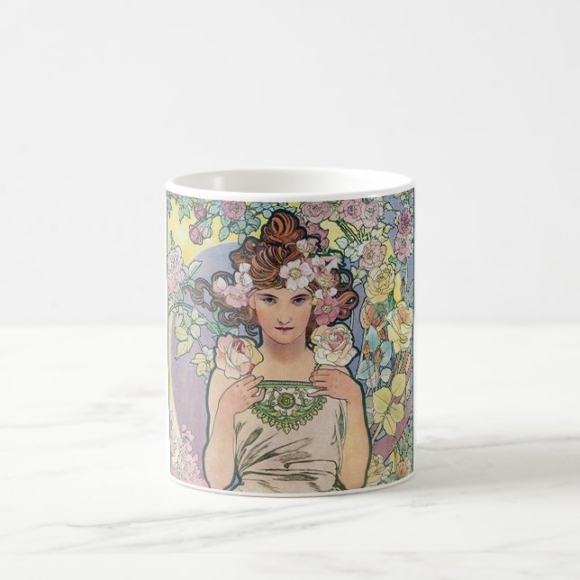 Rose (Four Flowers), Alphonse Mucha Coffee Mug (Center)