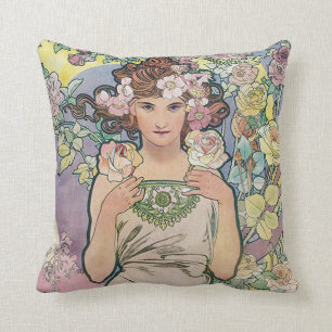Rose (Four Flowers), Alphonse Mucha Cushion