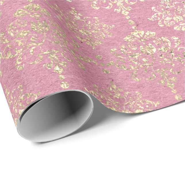 Rose Foxier Metallic Damask Gold Princess Pink Wrapping Paper (Roll Corner)
