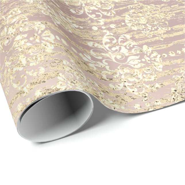 Rose Foxier Metallic Damask Gold Wood Pink Wrapping Paper (Roll Corner)