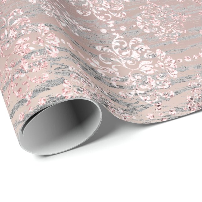 Rose Foxier Metallic Damask Gold Wood Pink Wrapping Paper (Roll Corner)