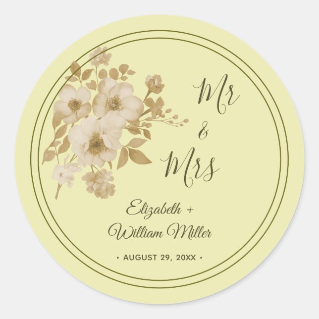 Rose Frame – Celestial Yellow Wedding Classic Round Sticker (Front)