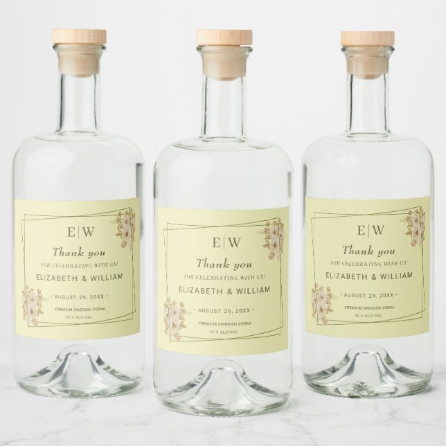 Rose Frame – Monogram Celestial Yellow Wedding Liquor Bottle Label (Bottles)