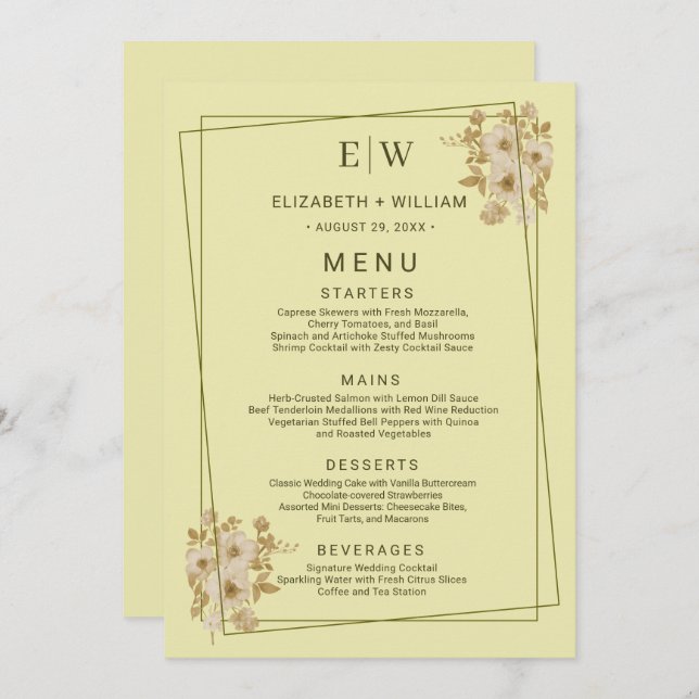 Rose Frame – Monogram Celestial Yellow Wedding Menu (Front/Back)