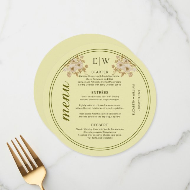 Rose Frame – Monogram Celestial Yellow Wedding Menu (Front/Back In Situ)