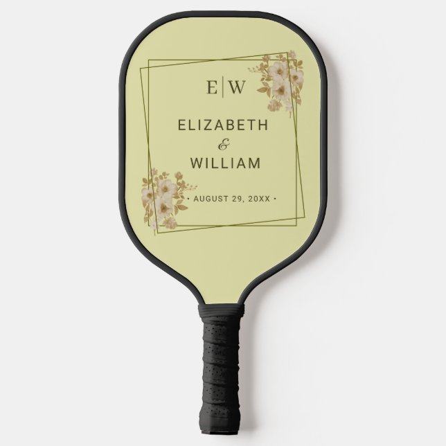 Rose Frame – Monogram Celestial Yellow Wedding Pickleball Paddle (Back)