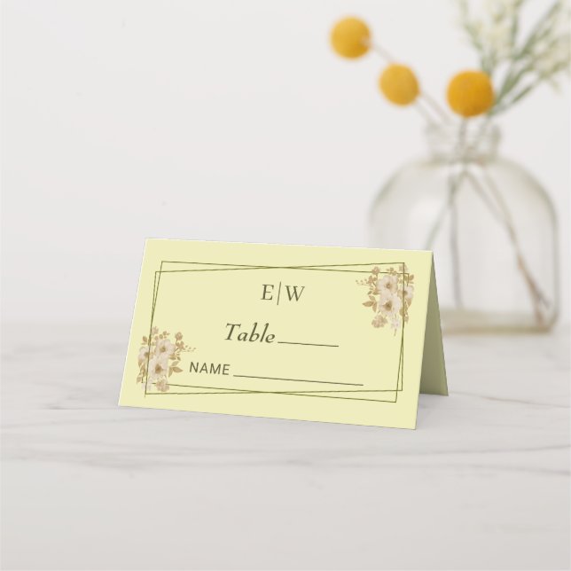 Rose Frame – Monogram Celestial Yellow Wedding Place Card (Front)