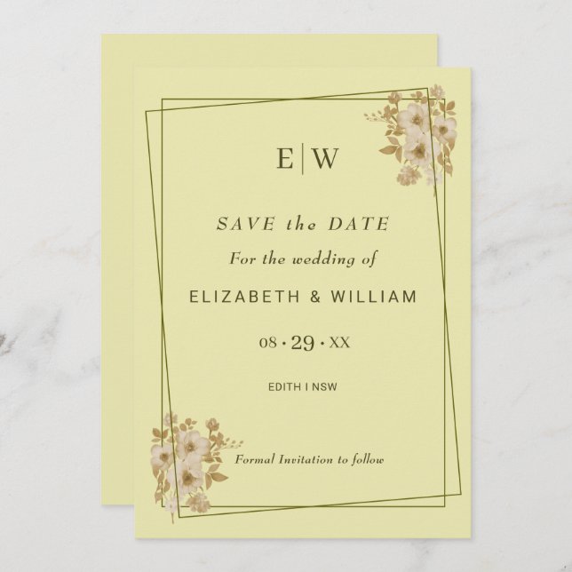Rose Frame – Monogram Celestial Yellow Wedding Save The Date (Front/Back)