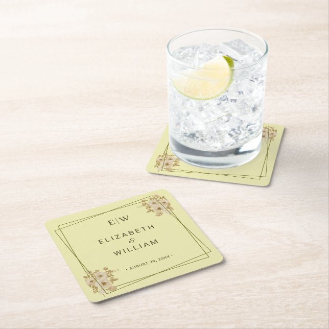 Rose Frame – Monogram Celestial Yellow Wedding Square Paper Coaster (Insitu)