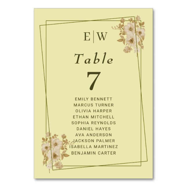 Rose Frame – Monogram Celestial Yellow Wedding Table Number (Front)