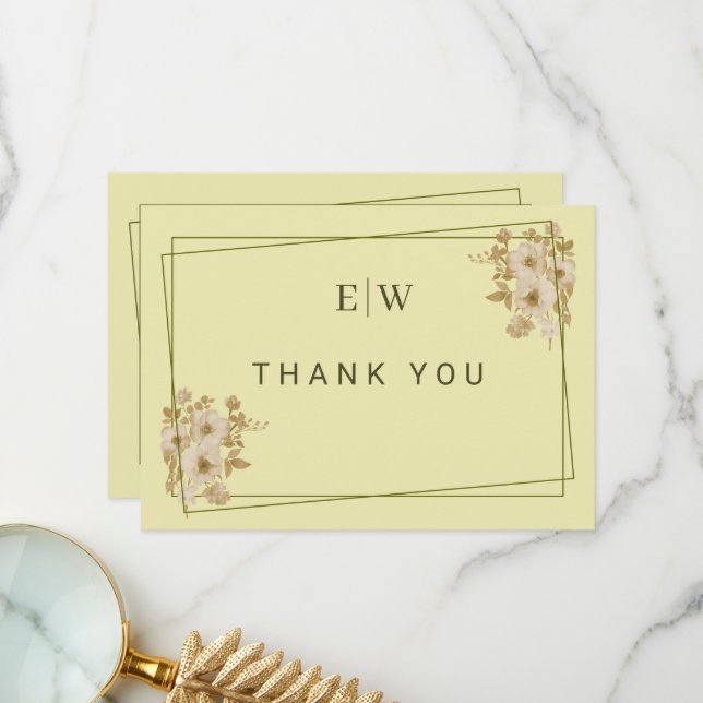 Rose Frame – Monogram Celestial Yellow Wedding Thank You Card (Front/Back In Situ)