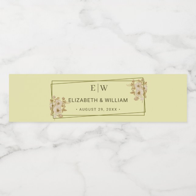 Rose Frame – Monogram Celestial Yellow Wedding Water Bottle Label (Single Label)
