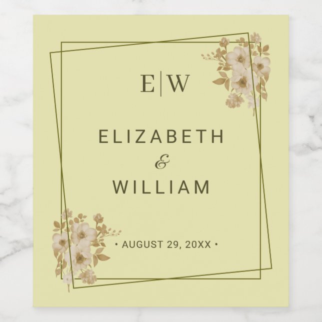 Rose Frame – Monogram Celestial Yellow Wedding Wine Label (Single Label)
