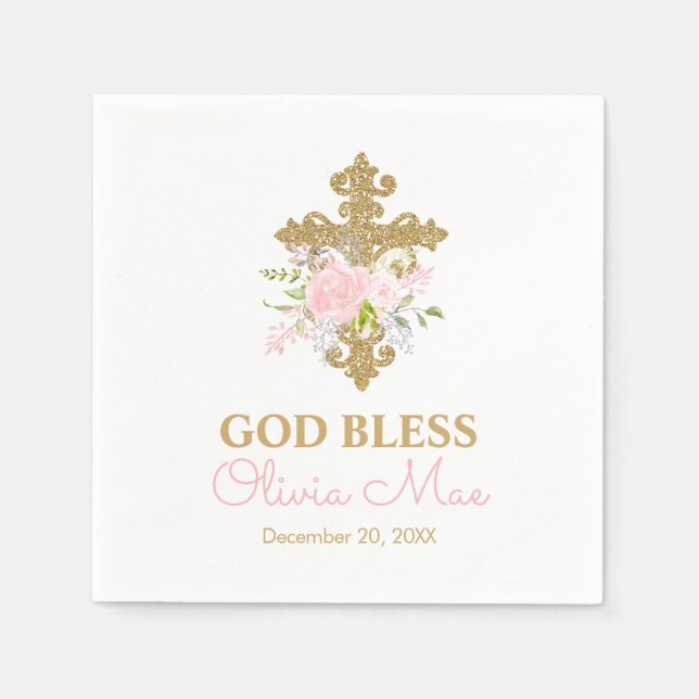 Rose Garden Baptism Pink and Gold Personalised Napkin (Front)