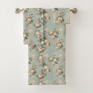 Rose Garden Bath Towel Set Teal Green Blush