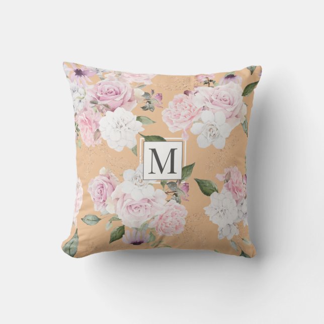 Rose Garden Elegant Floral Monogram Throw Pillow (Front)