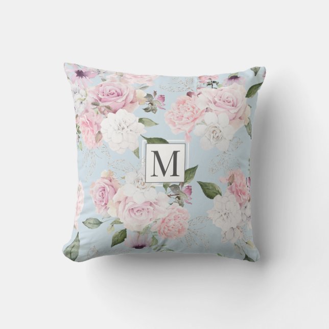 Rose Garden Elegant Floral Monogram Throw Pillow (Front)