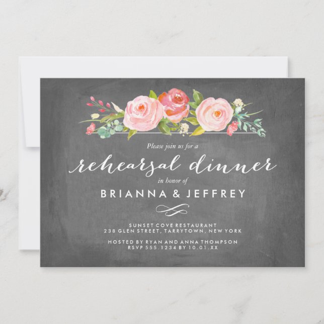 Rose Garden Floral Chalkboard Rehearsal Dinner Invitation (Front)