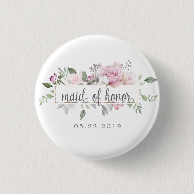 Rose Garden floral Maid Of Honour Button (Front)