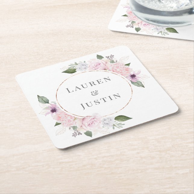 Rose Garden Floral Monogram Paper Square Paper Coaster (Angled)