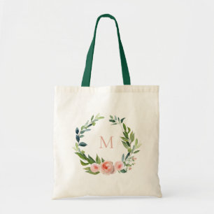 Rose Garden Floral Wreath Monogram Tote Bag