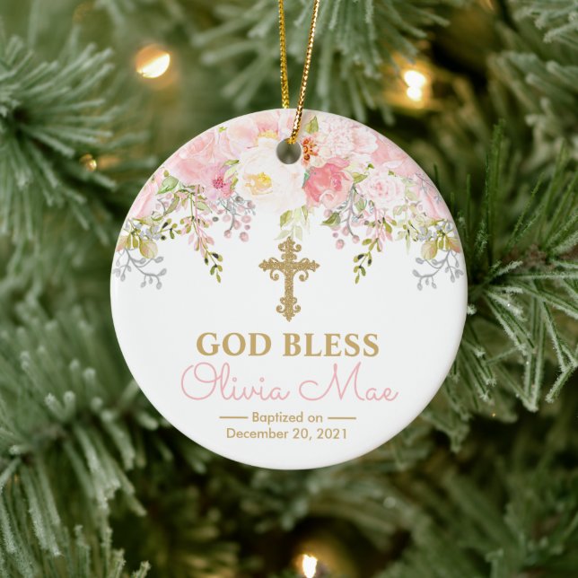 Rose Garden Girl Baptism God Bless Ceramic Ornament (Tree)