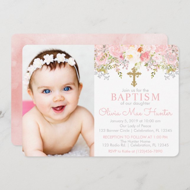 Rose Garden Girl Baptism Photo Invitation (Front/Back)