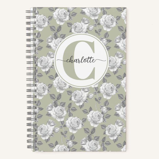 Rose Garden Monogram Sage Green Notebook (Front)