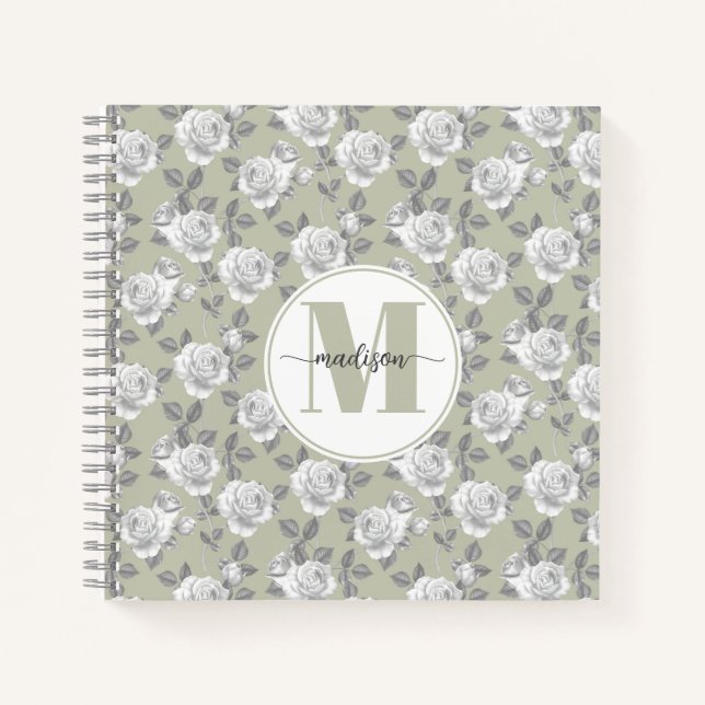 Rose Garden Monogram Sage Green Notebook (Front)