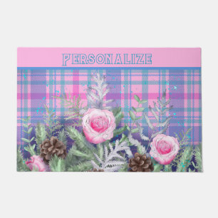 Rose Garden Pine Cones Pink Blue Plaid  Doormat