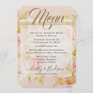 Rose Garden Pink Roses Gold Photo Wedding Menu