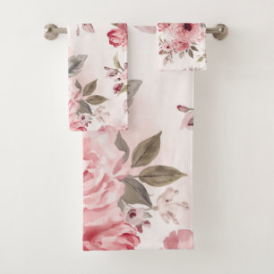 Rose Garden Pink Watercolor Floral Blush Botanical Bath Towel Set