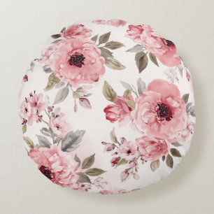Rose Garden Pink Watercolor Floral Blush Botanical Round Cushion
